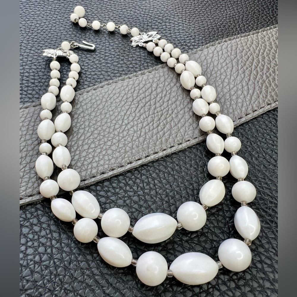 Vintage Double Strand White Lucite Beaded Necklace Adjustable Hook 12” L